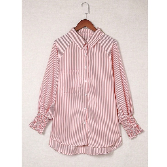 Striped White Red Loose Fitting Button Up Shirt Long Sleeve - Picture 7 of 11